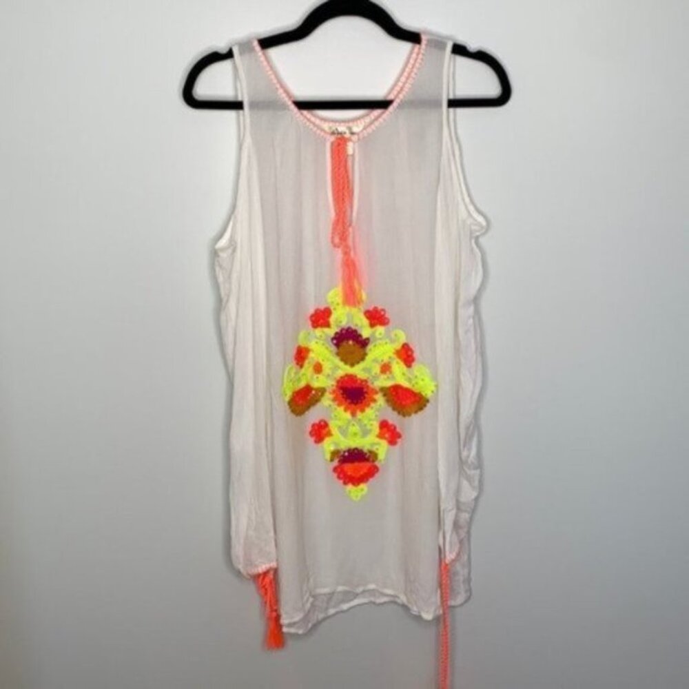 Lucky & Coco Women White Cold shoulder Neon Embroidered Swim Coverup Size Medium